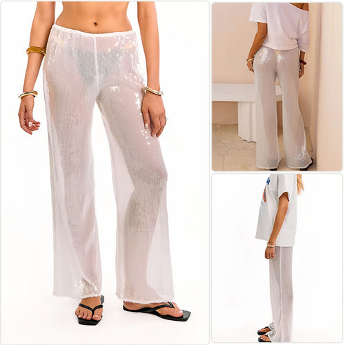 Kvinnelige elegante paljettbukser med gjennomsiktig chiffon og vid cut Skjora