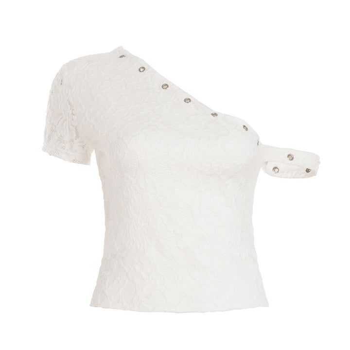Damer elegant topp laget av delikat spiss med kort erme og spennende design Skjora