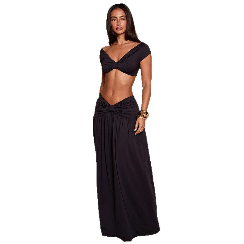 Damer Elegant Cropped Top og Maxiskjørt Sett Skjora