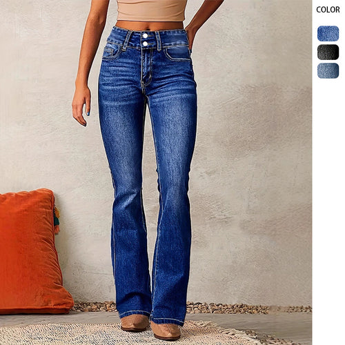Kvinnenes høye midje flagrende jeans med dekorative knappedetaljer og figurvennlig snitt