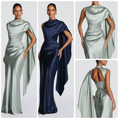 Kvinnens elegante maxi kjole med asymmetrisk topp og flytende sateng