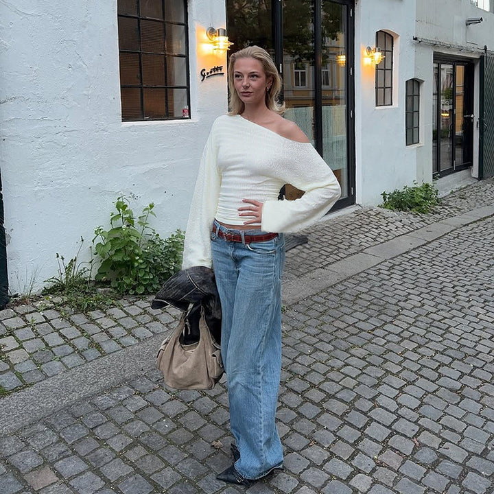 Kvinne Elegant En-Sidig Halv-ermet Topp med Moderen Teksturert Design og Matchende Bukser