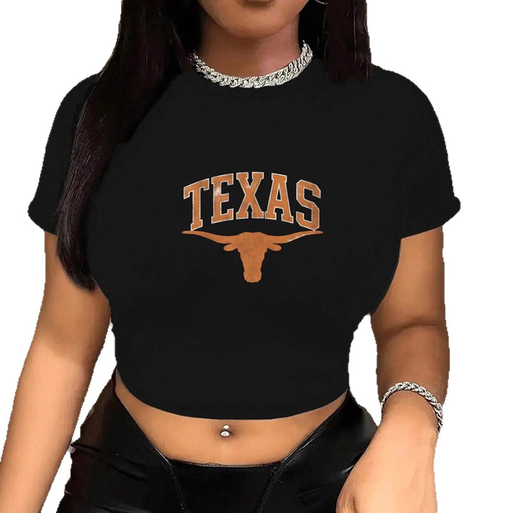 Dame Crop-T-skjorte med kreativt Texas-design og figurnær passform Skjora