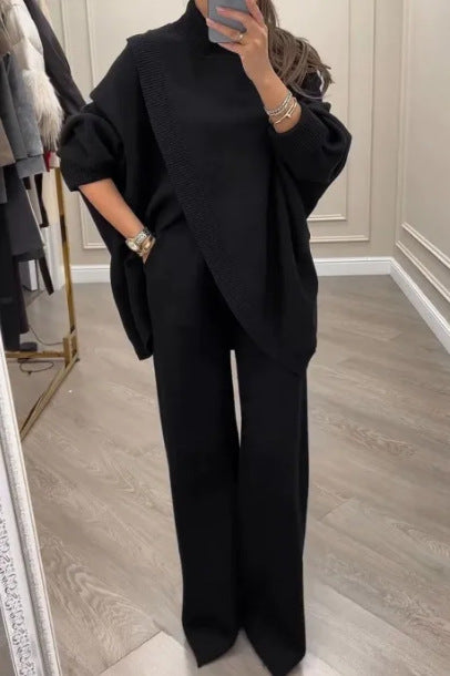 Kvinnelig Cozy Knit Ensemble med Oversized Genser og Vide Bukser Skjora