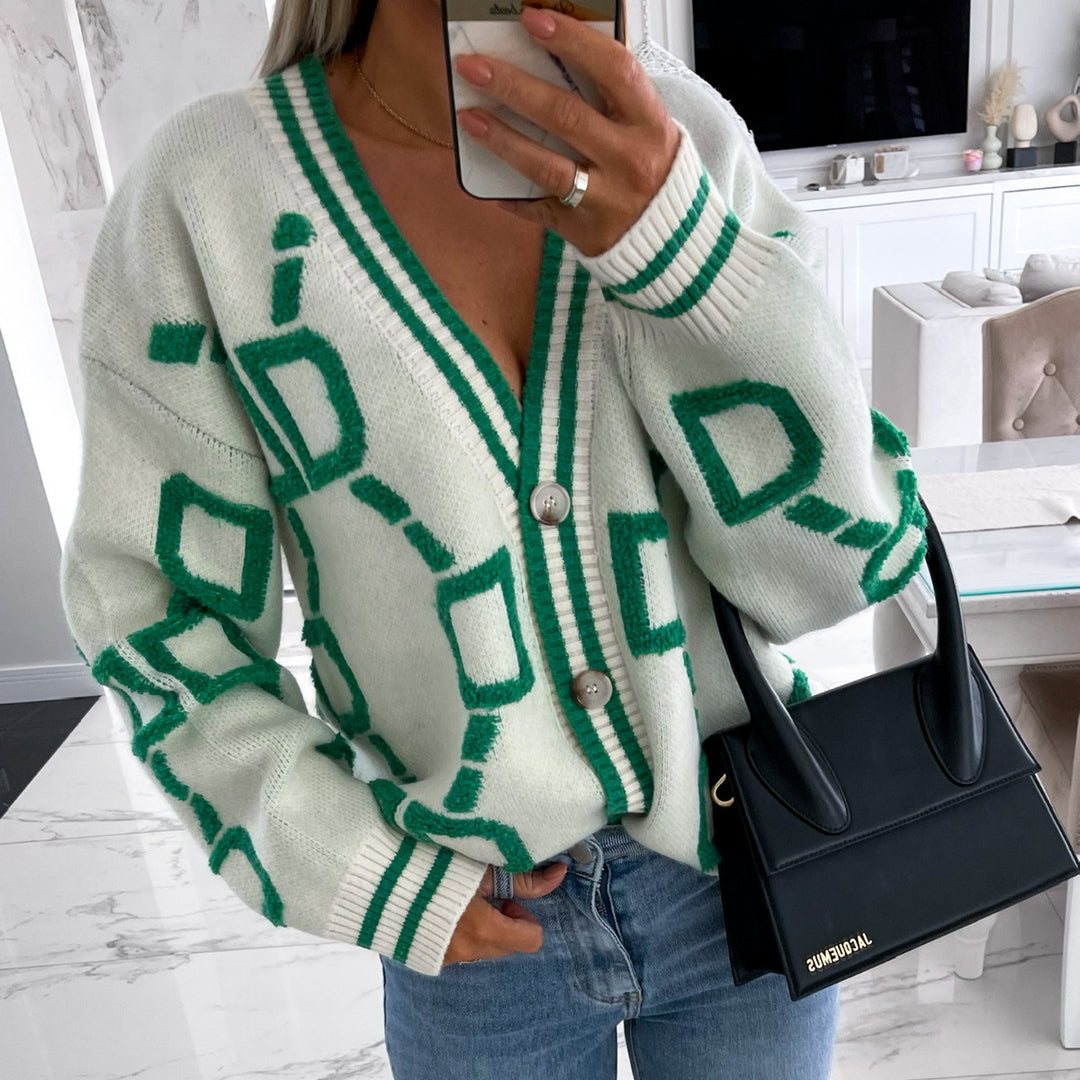 Dame oversized strikkegenser med fargerikt geometrisk mønster Skjora