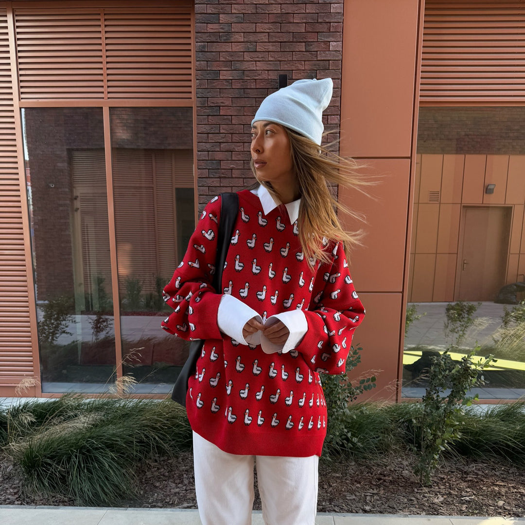 Kvinnesweater med unikt andedesign og løse ermer Skjora