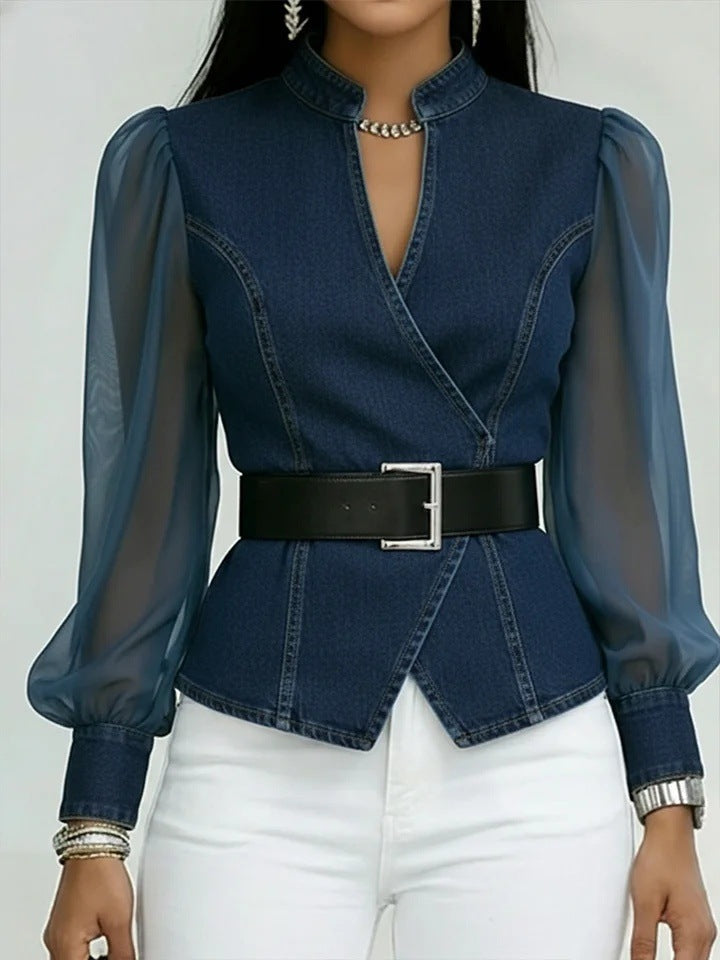 Kvinne jeans bluse med transparente ermer og skreddersydd design Skjora