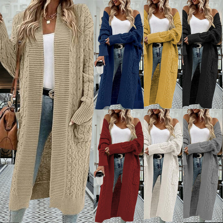 Kvinnes chunky strikket cardigan med åpen design og praktiske lommer Skjora