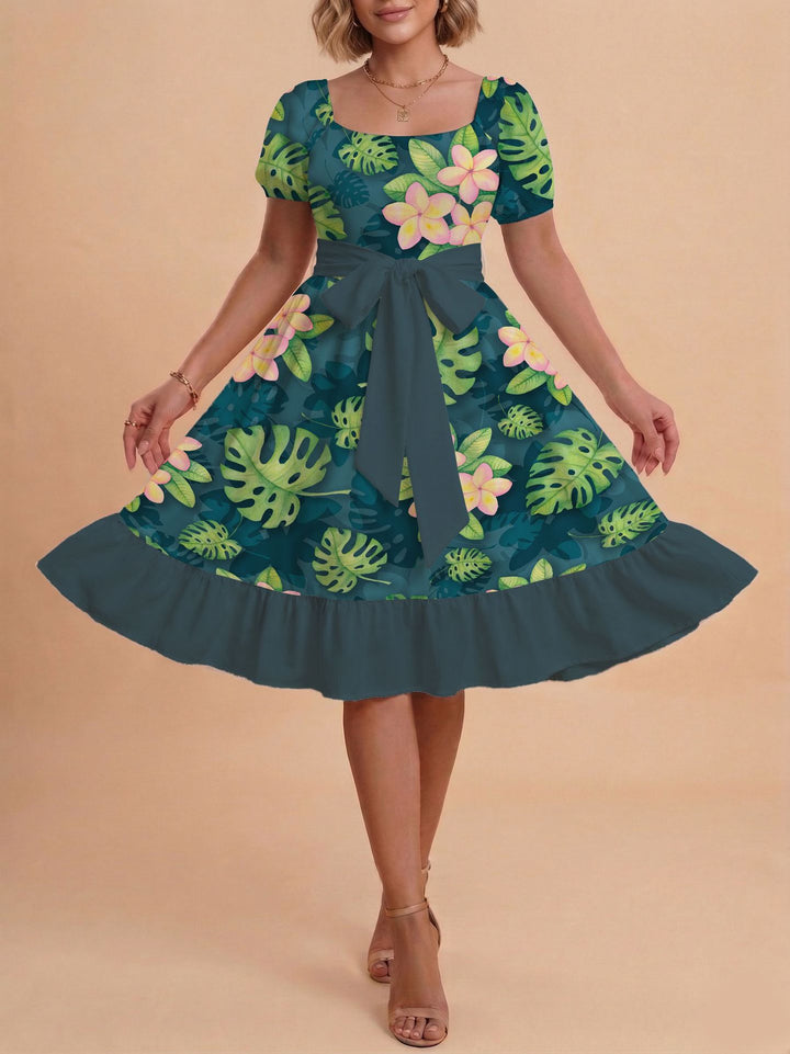 Damen Midikleid mit verspieltem Druck und tailliertem Schnitt Skjora