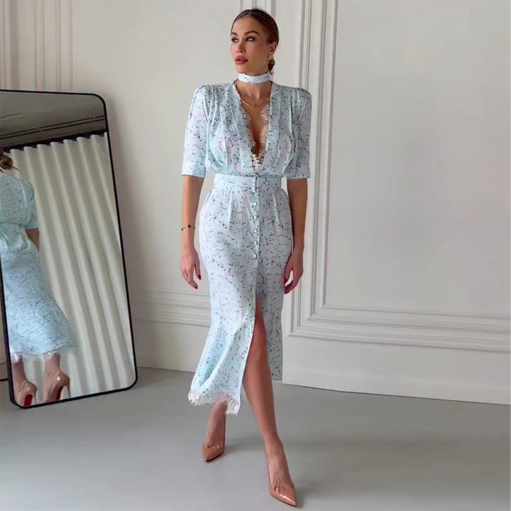 Dame Elegant Midi Kjole med Skinner Chiffon og Dyp V-Hals