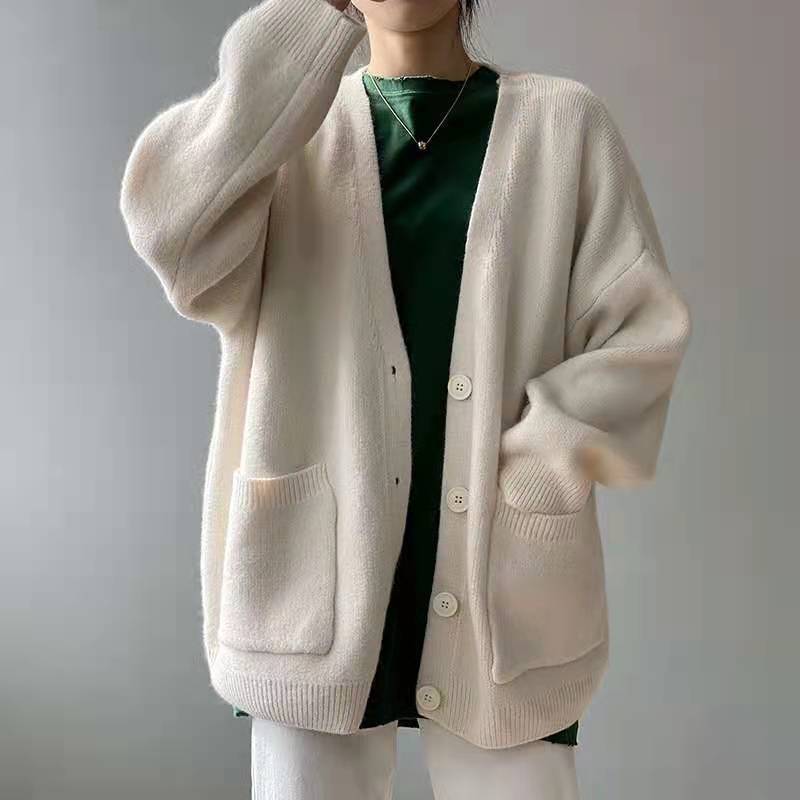 Kvinne Oversized Strikkegenser med Lommer Skjora