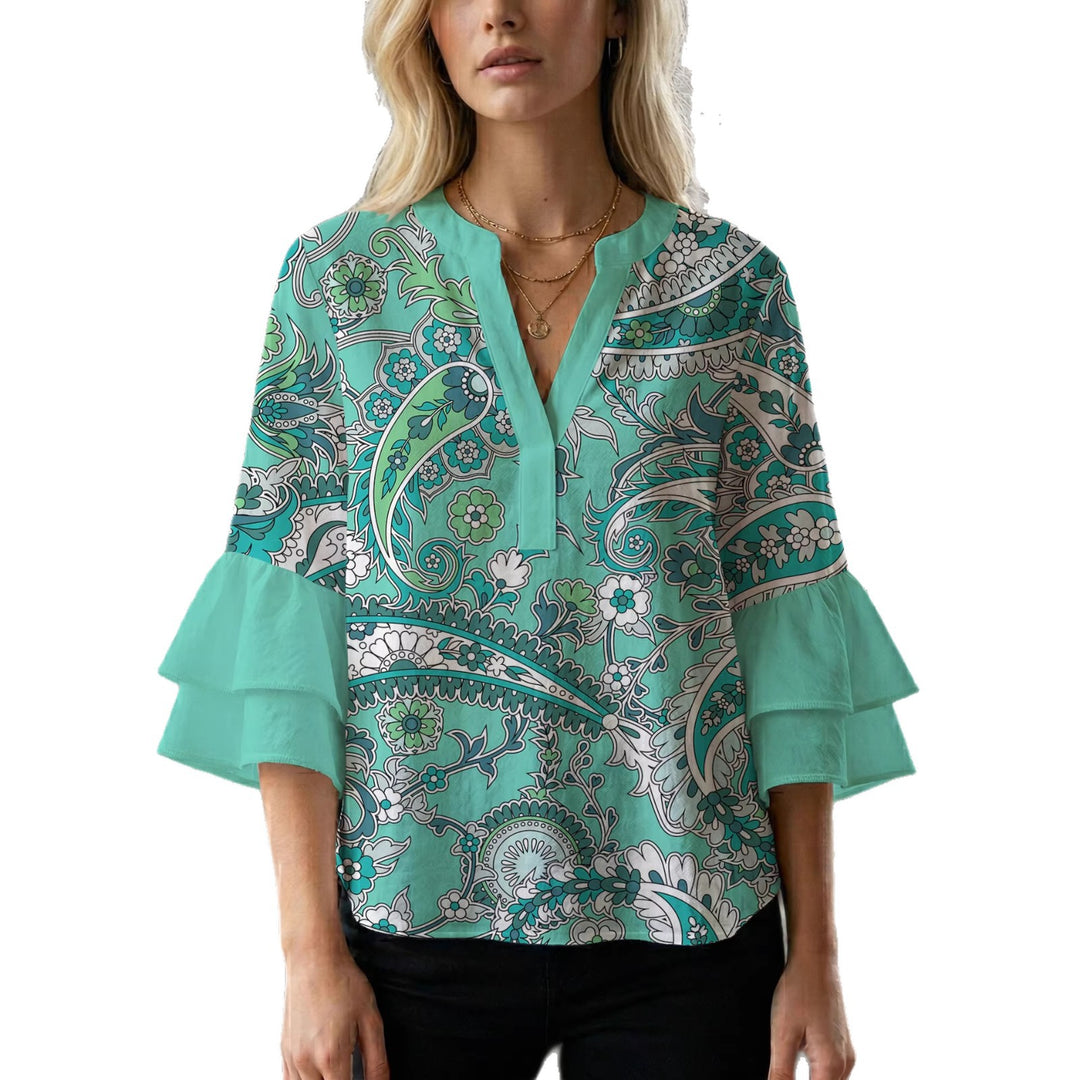 Damer elegant bluse skjorte med voluminøse rysjermer og grafisk blomsterdesign Skjora
