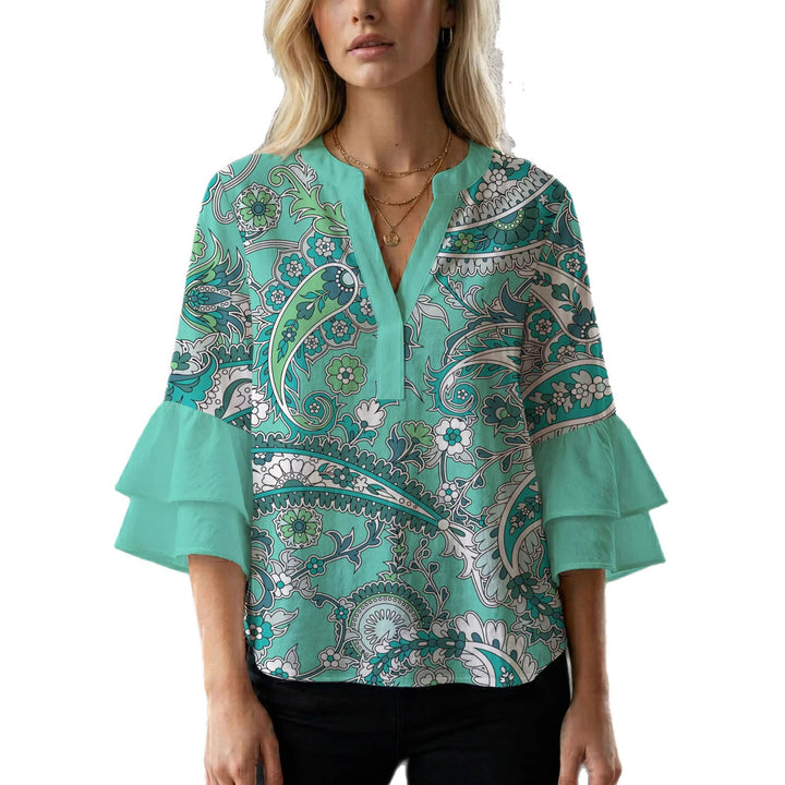 Damer elegant bluse skjorte med voluminøse rysjermer og grafisk blomsterdesign Skjora