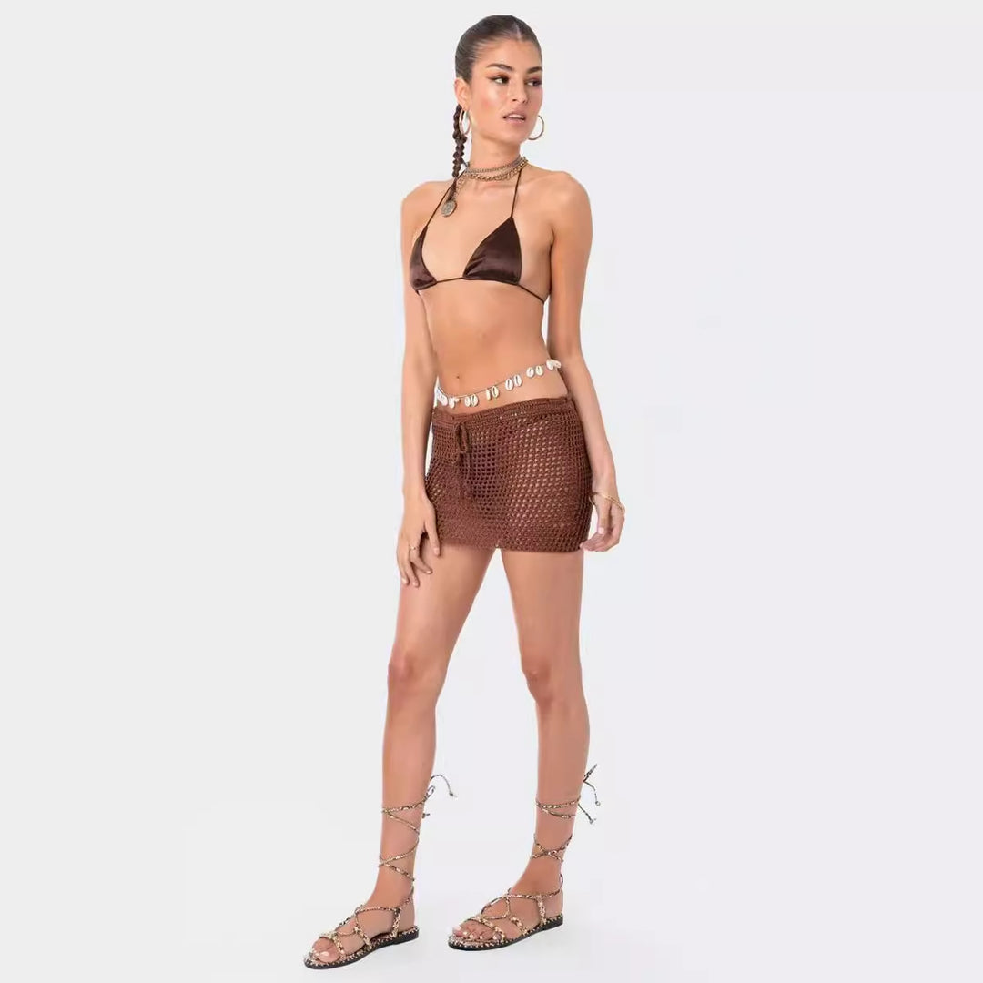 Dame heklet strandantrekk med justerbar topp og shorts Skjora