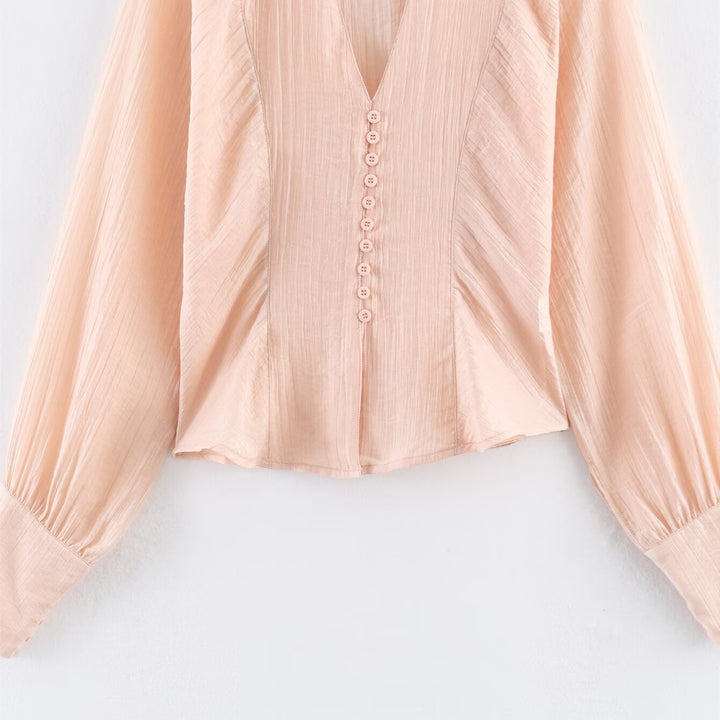 Damer elegant bluse med dyp V-hals og strukturerte ermer Skjora