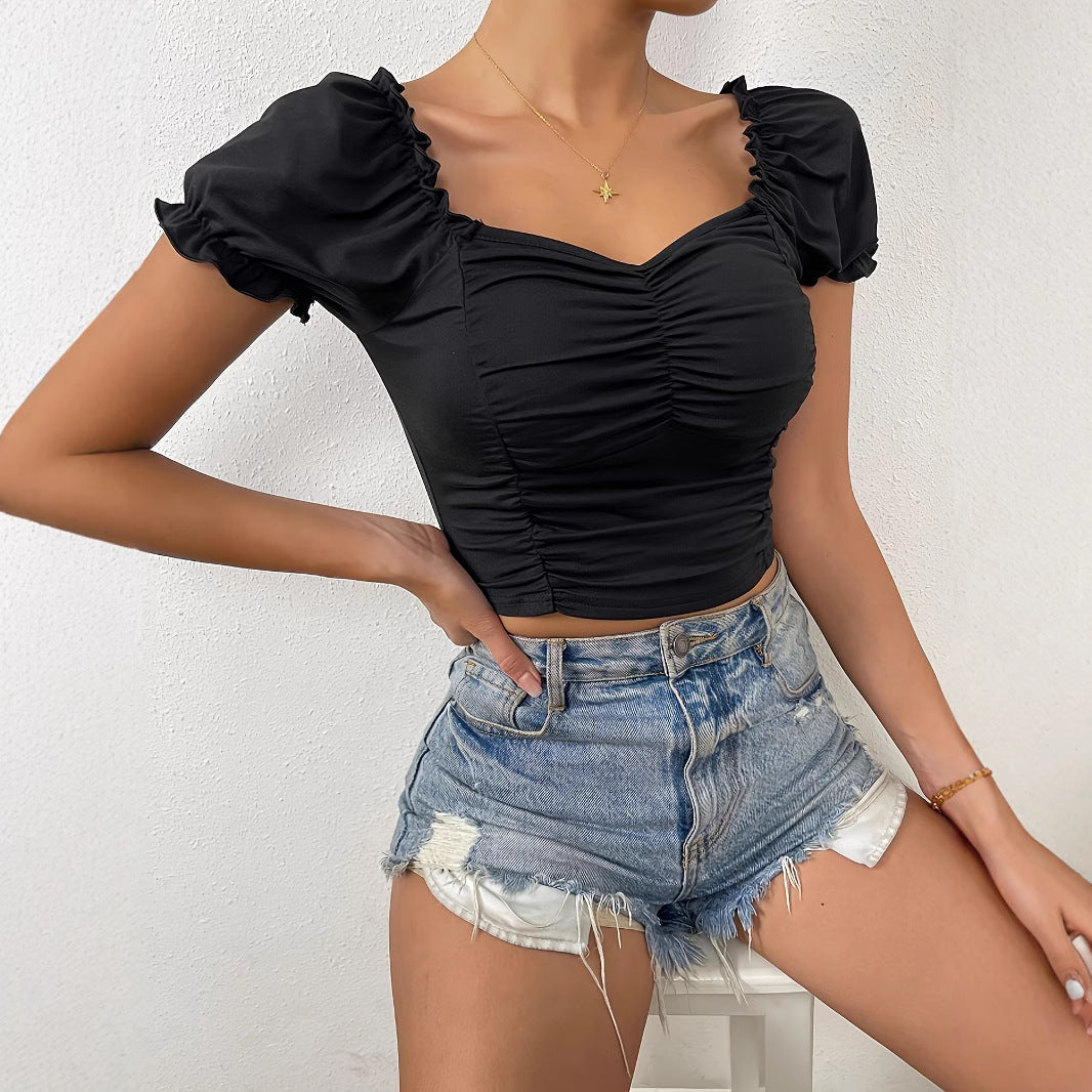 Dame figurnær Crop-Top med pufferm og rynking Skjora