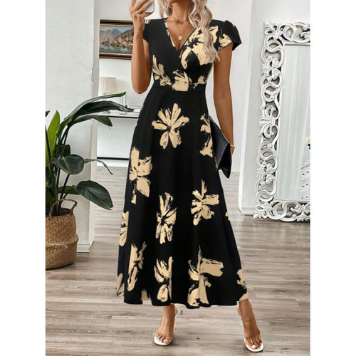 Dame Langarm-Maxikjole med blomstermønster og elegant V-hals Skjora