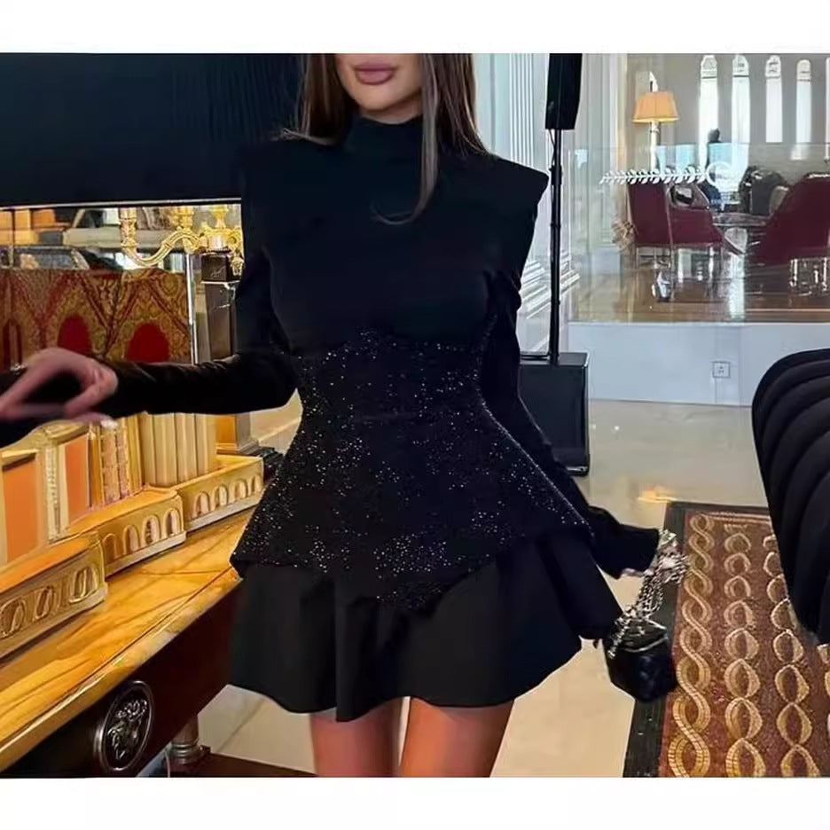 Damer Elegant Festkjole med Glitrende Topp og Utsvingt Skjørt