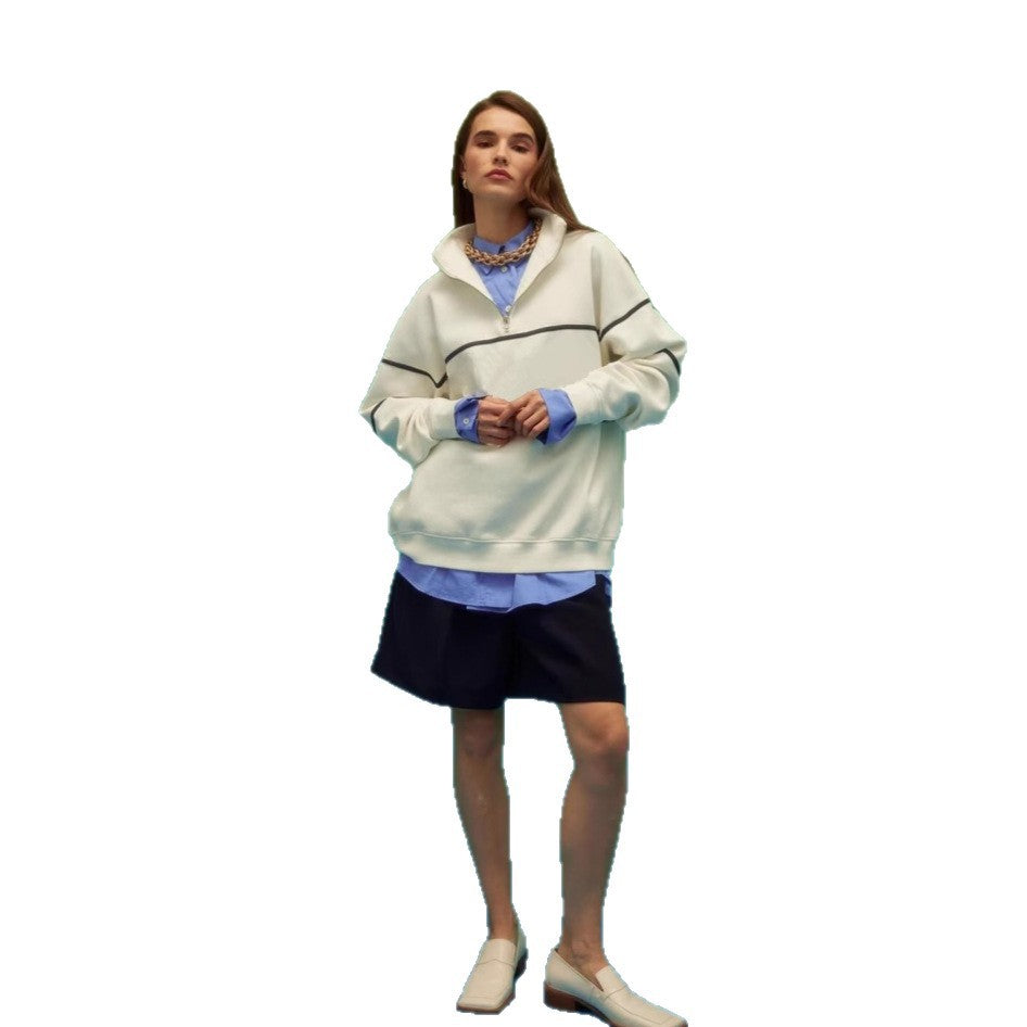 Women's Oversized Sweatshirt with Zipper and Decorative Stripes Skjora