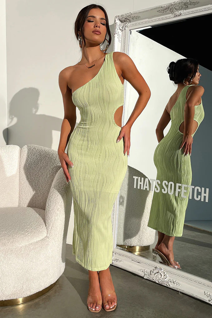 Dame Elegant Stretch Midi Kjole med asymmetrisk Utringning og Cut-Out Detaljer Skjora
