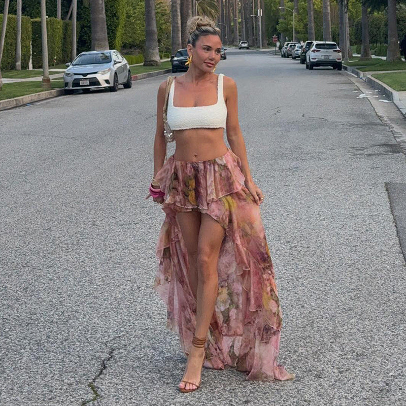 Dame floral asymmetrisk skjørt med volangdetaljer Skjora