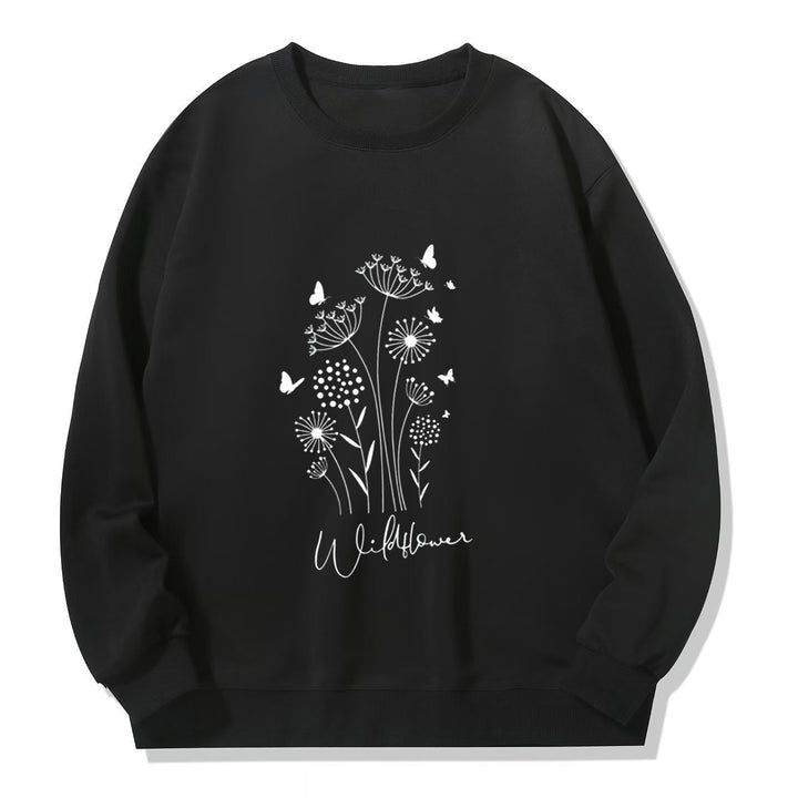 Kvinnelig sweatshirt med blomstertrykk av villblomster og koselig innerfor Skjora