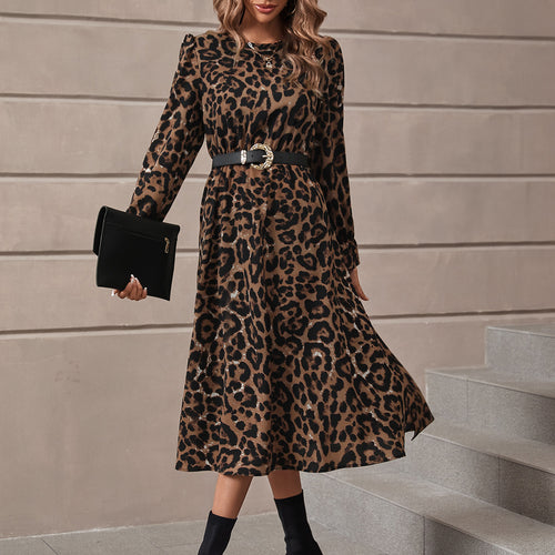 Dame elegant Maxikjole med moderne leopardmønster og nostalgiske puff-ermer Skjora