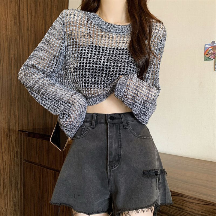 Kvinnens mesh genser med trendy crop design Skjora