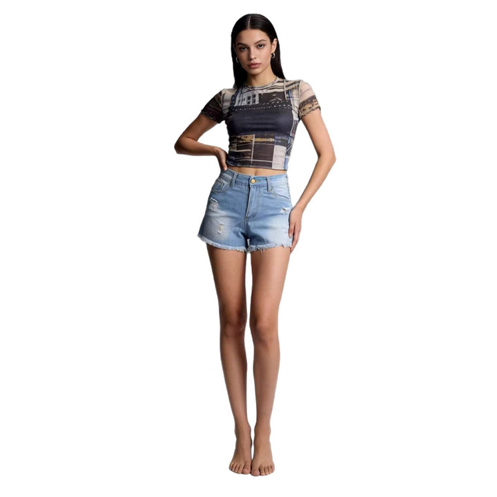 Dame Crop Top og Høyt liv Jeans-Shorts Skjora