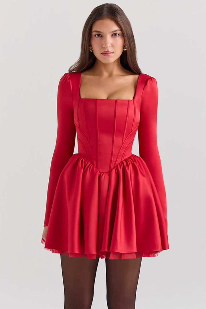 Women's Floor-Length Cocktail Dress with Square Neckline and Voluminous Skirt