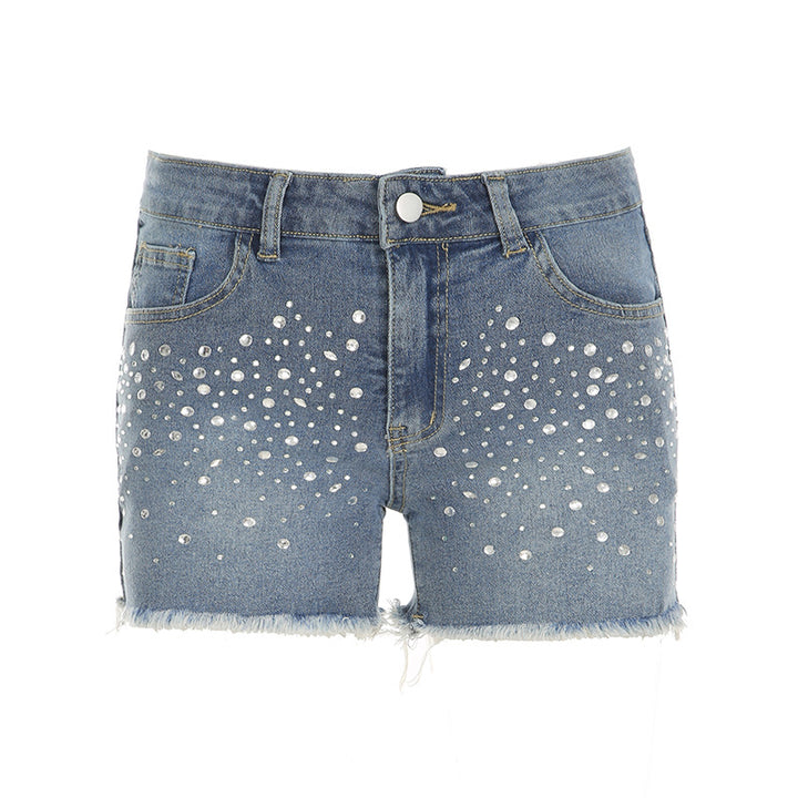 Damejeansshorts med glitrende applikasjoner og frynsete kant Skjora