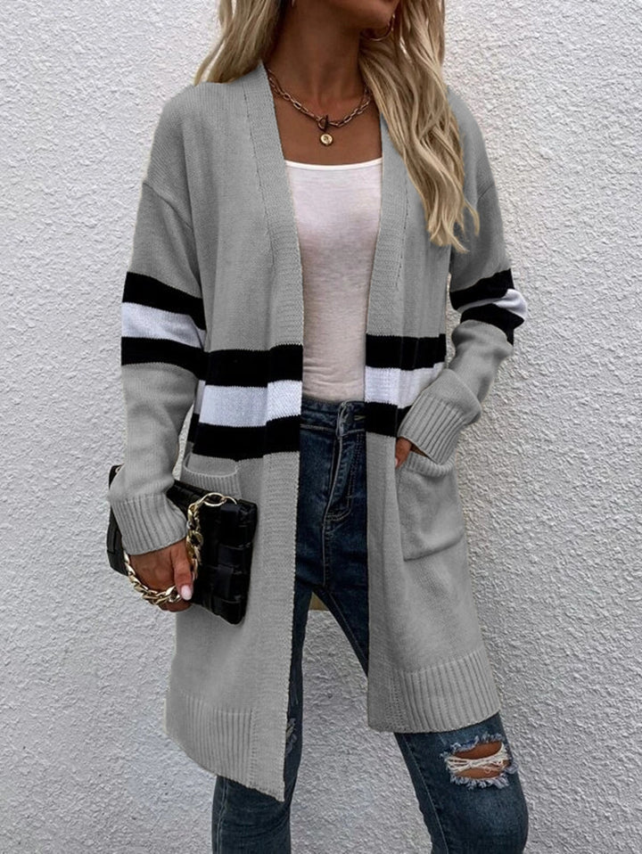 Kvinnes chunky strikket cardigan med avslappede striper og dype lommer Skjora