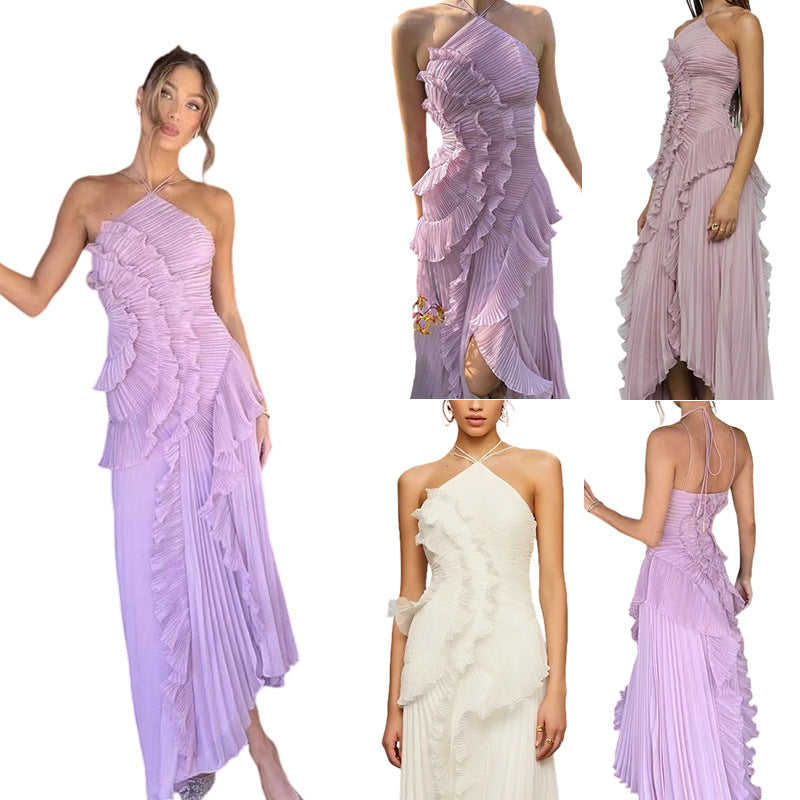 Women's Elegant Wrapped Dress with Flowing Pleated Skirt and Asymmetrical Ruffle Details