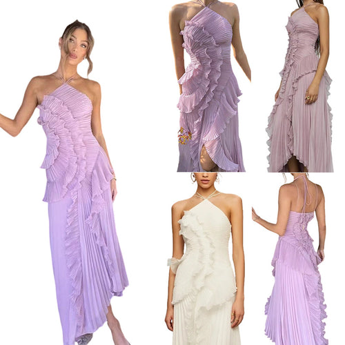 Women's Elegant Wrapped Dress with Flowing Pleated Skirt and Asymmetrical Ruffle Details