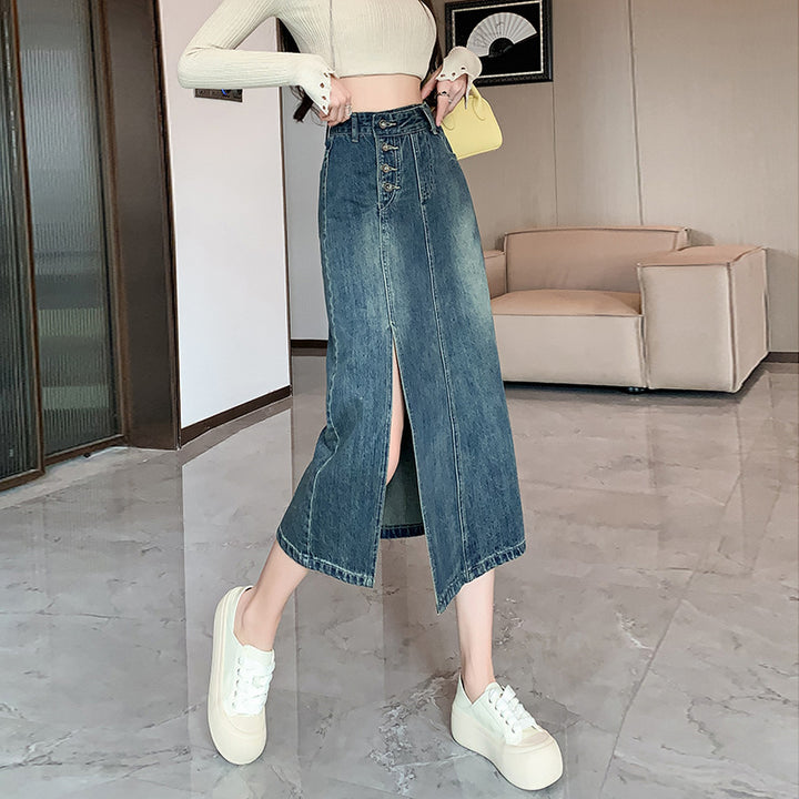 Kvinne Lang Denim Skjørt med Front Splitt Skjora
