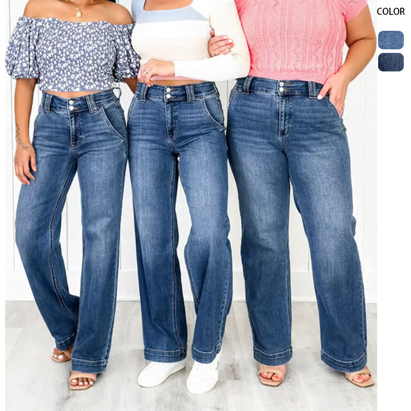 Kvinnelige vide ben jeans med høy midje og elegant sømdesign