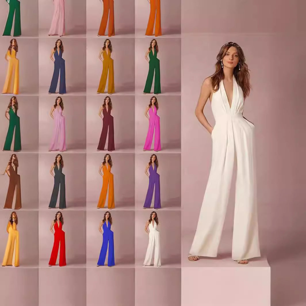 Dame Elegant Jumpsuit med Dyp V-Hals og Bred Bein Skjora