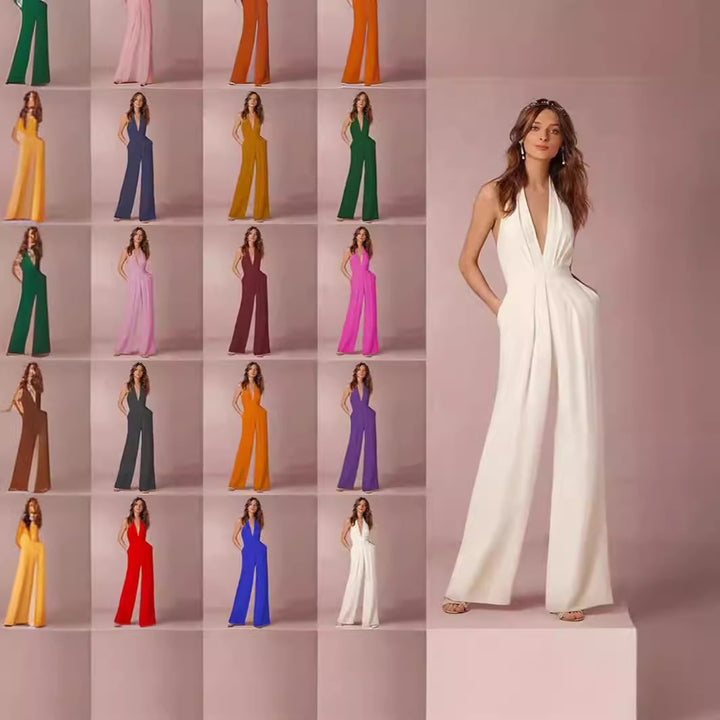 Dame Elegant Jumpsuit med Dyp V-Hals og Bred Bein Skjora