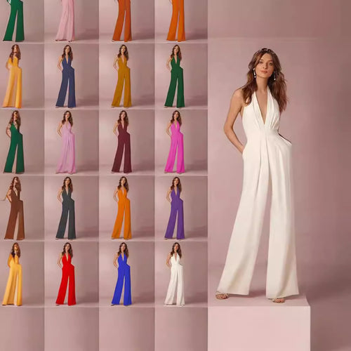 Dame Elegant Jumpsuit med Dyp V-Hals og Bred Bein Skjora
