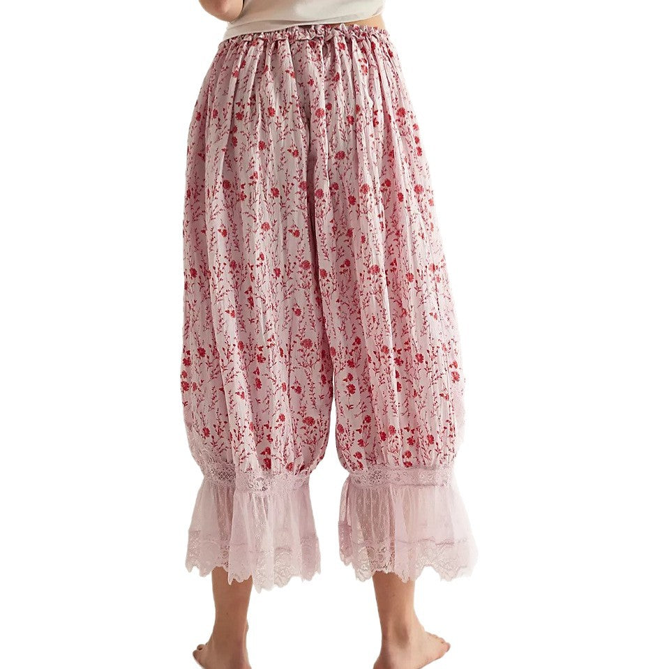 Damen Blumenmuster Hose mit Spitzenabschlüssen Skjora