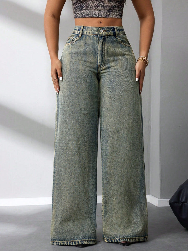 Dame brede høytaljede jeans i vintage stil med et avslappet utseende Skjora