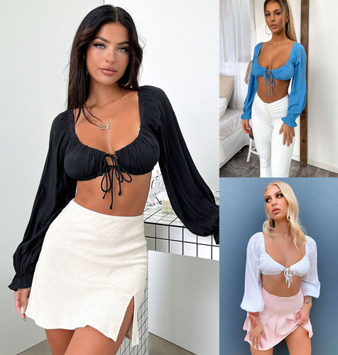 Damer Crop-Top med puffede ærmer og justerbar snor