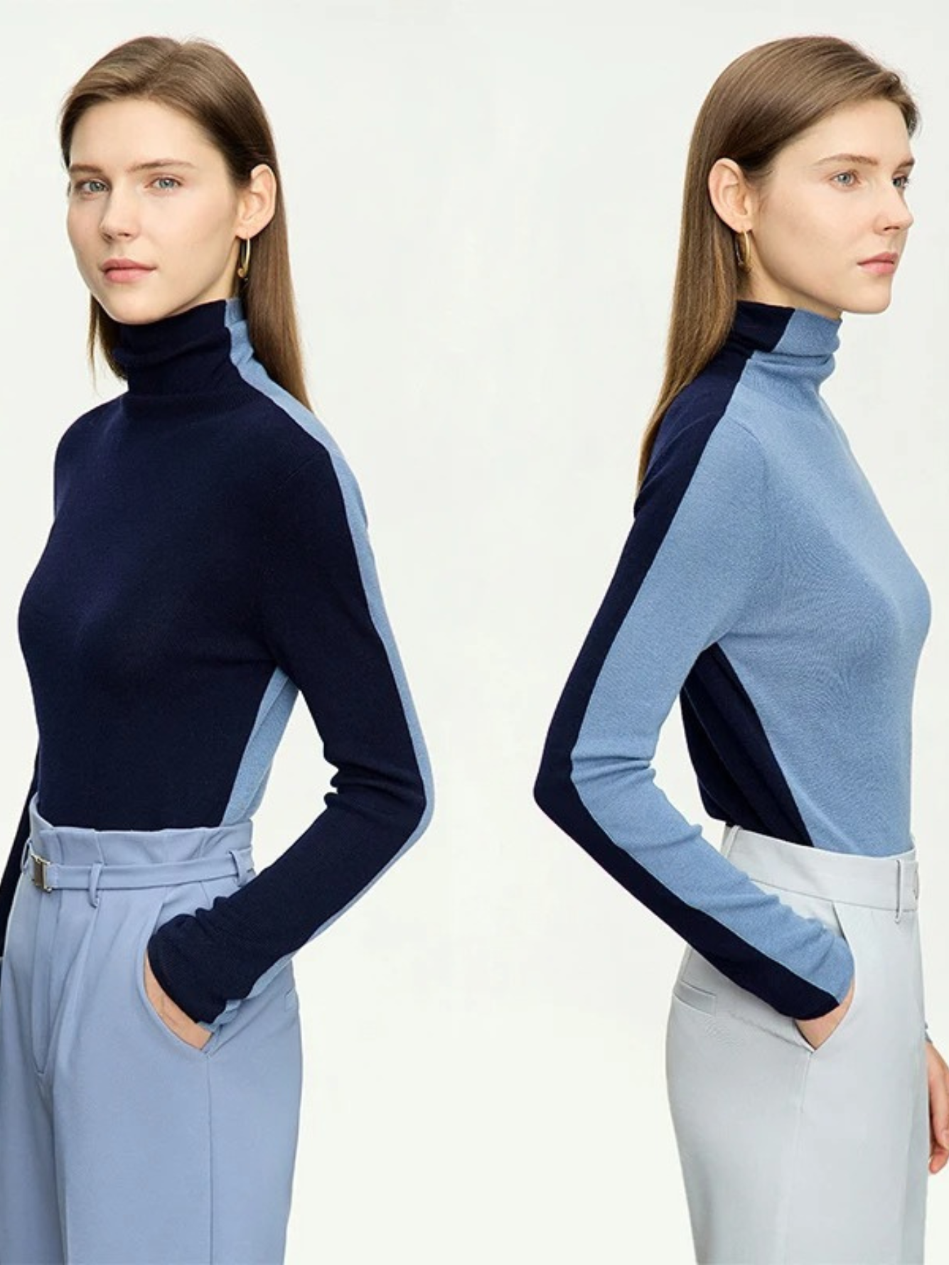 Side by side pictures of a woman wearing the same dual toned blue and dark blue sweater showcasing the interchangeable feature to achieve 2 looks with one sweater.