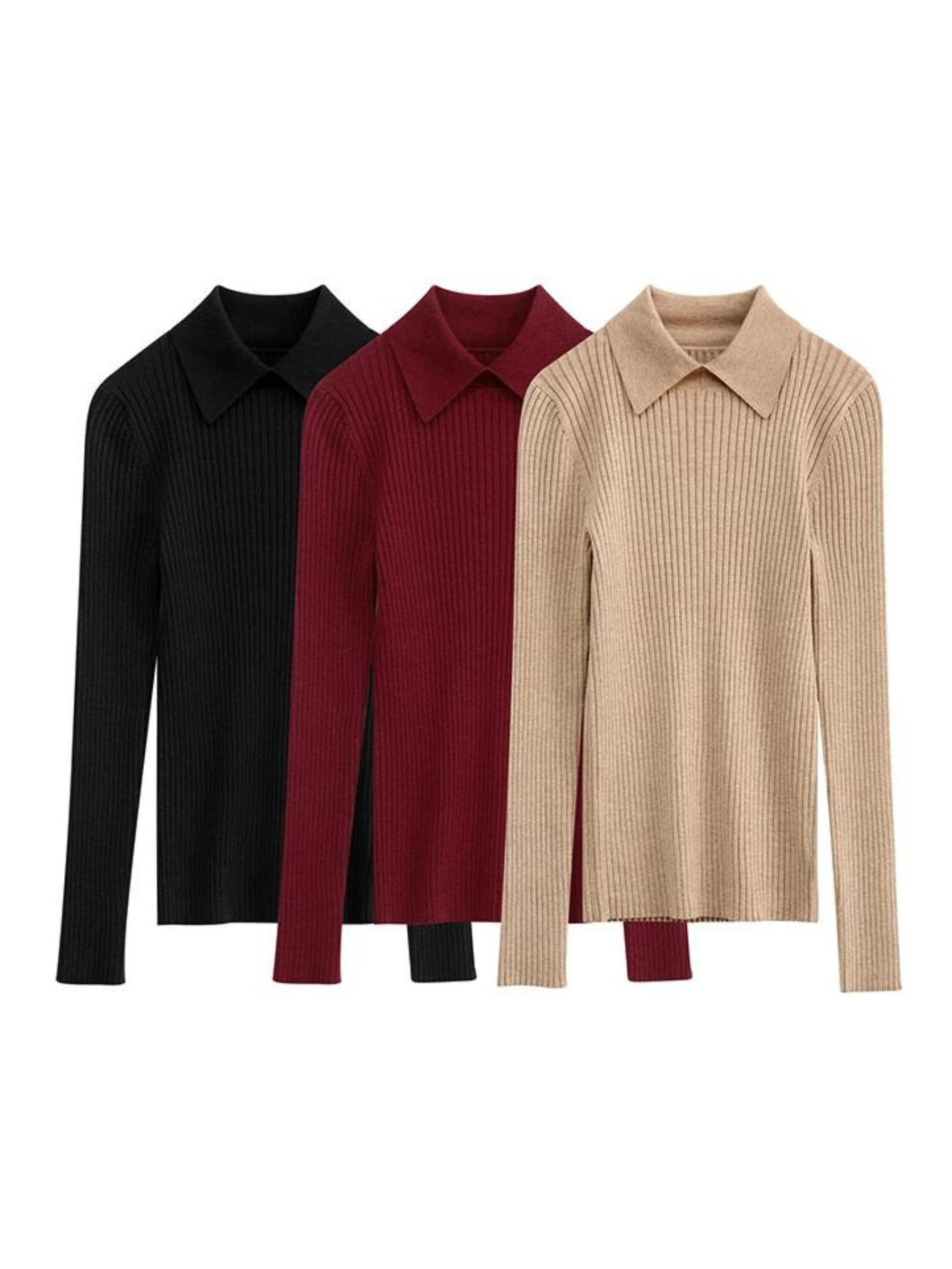 Three long sleeved sweaters with pointy collars in black, red, and khaki against a plain white background.