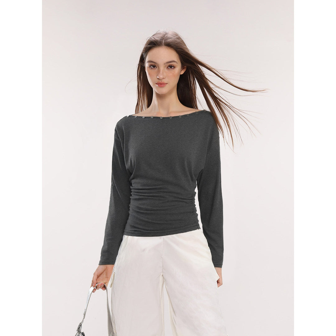 Dame Off-Shoulder Langarm Top med Knapper Slim Fit