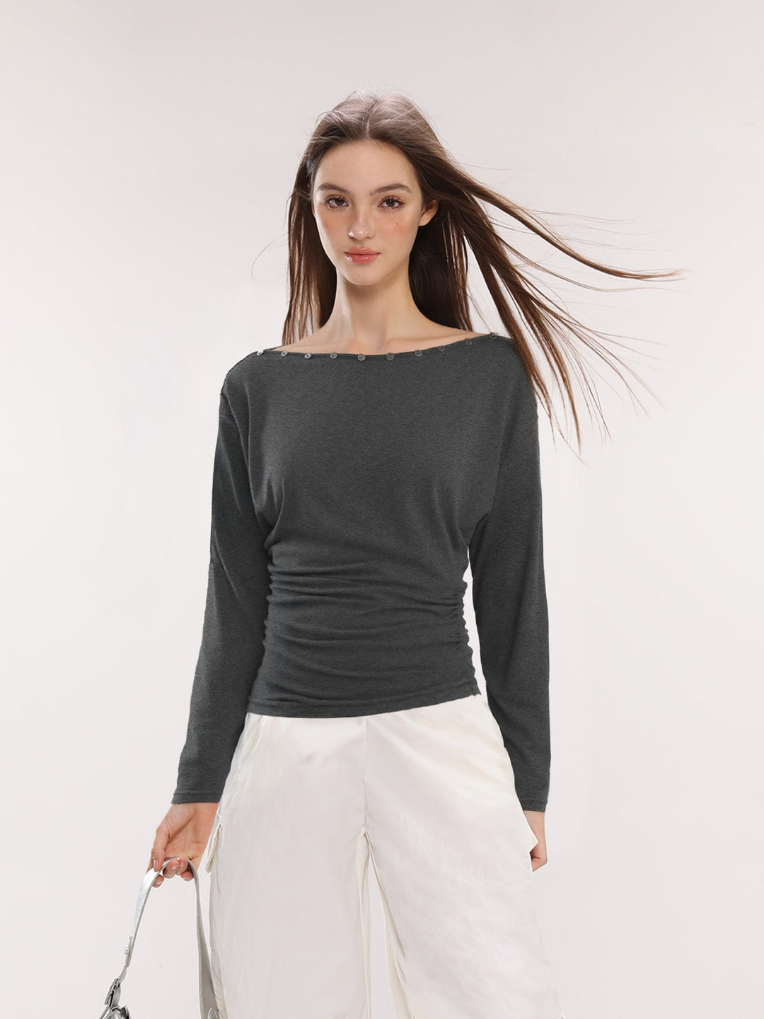 Dame Off-Shoulder Langarm Top med Knapper Slim Fit