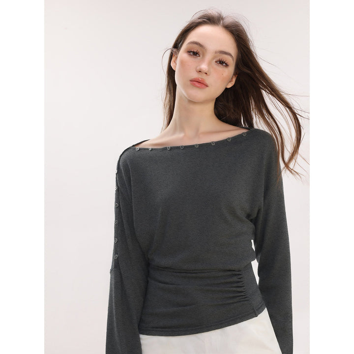 Dame Off-Shoulder Langarm Top med Knapper Slim Fit