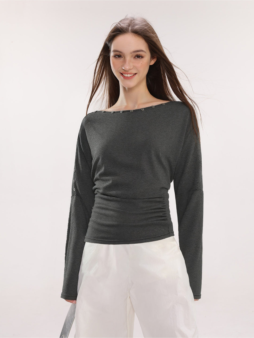 Dame Off-Shoulder Langarm Top med Knapper Slim Fit