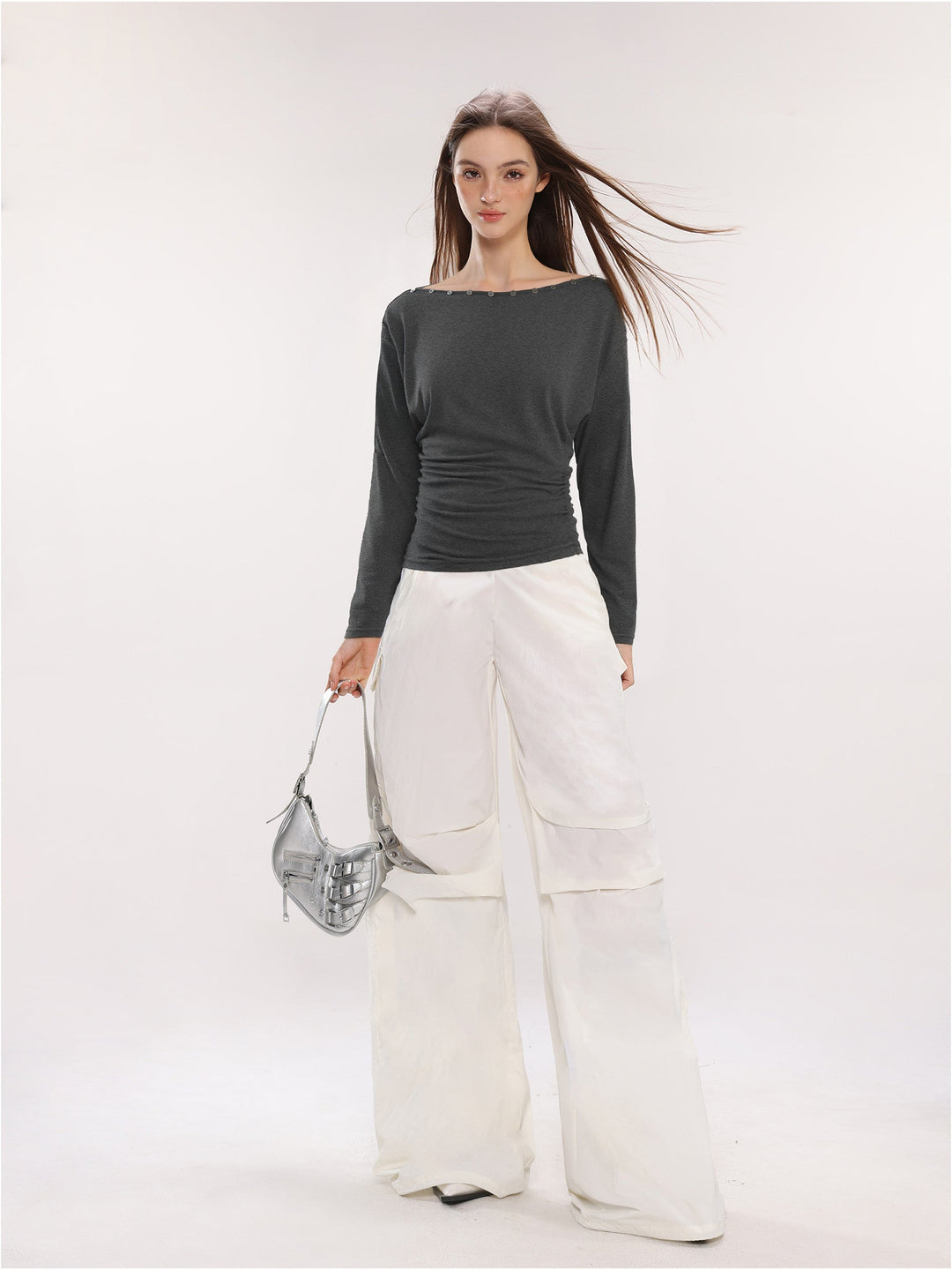 Dame Off-Shoulder Langarm Top med Knapper Slim Fit