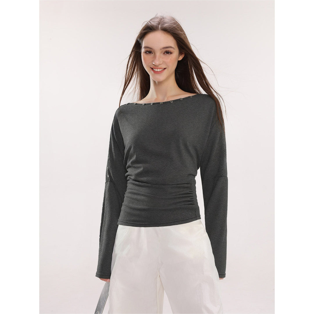 Dame Off-Shoulder Langarm Top med Knapper Slim Fit
